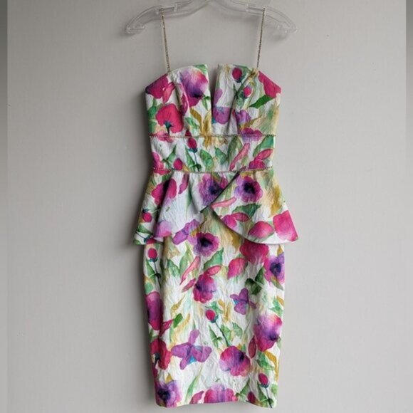 Stephan Caras textured floral peplum rhinestone pencil dress - Picture 1 of 7